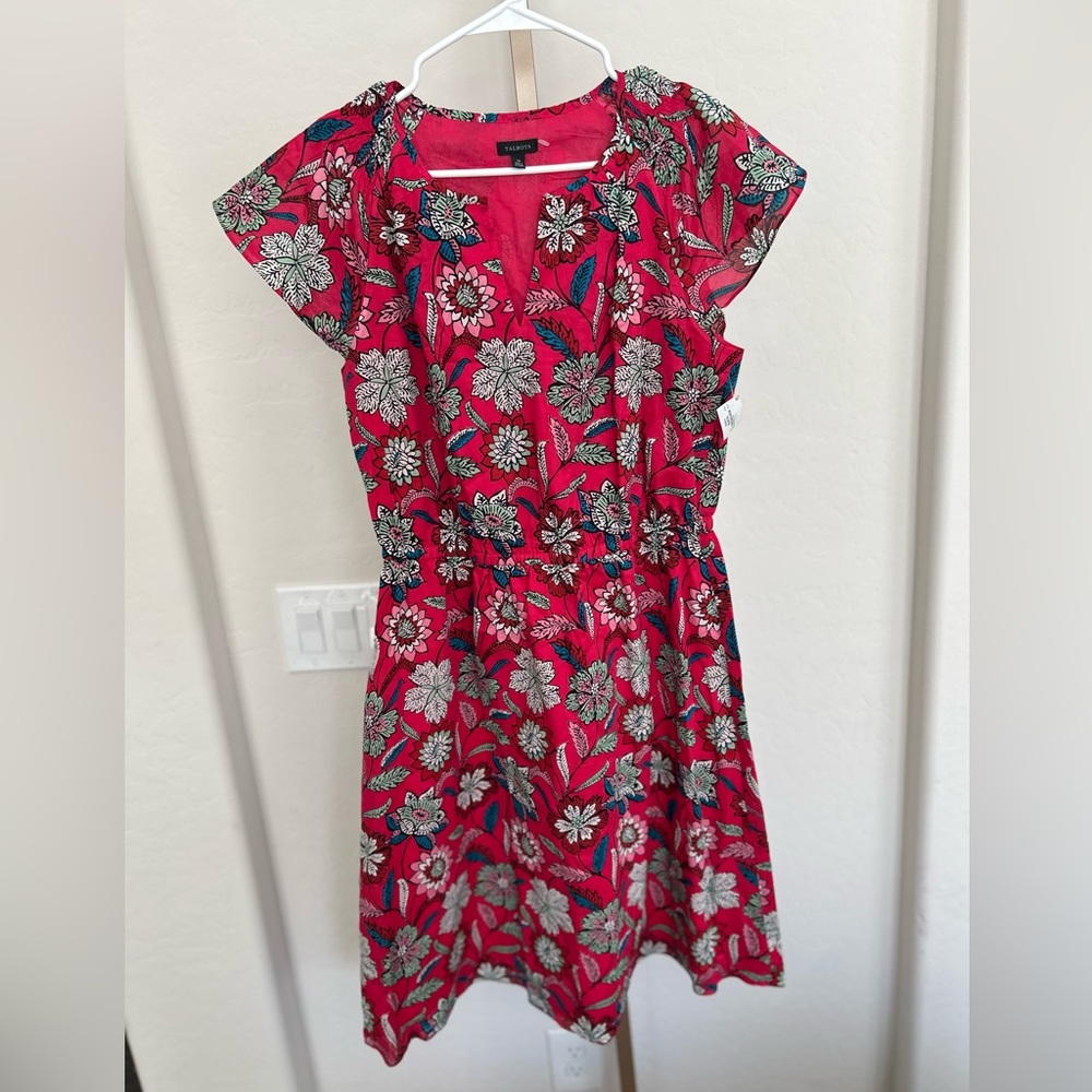 Talbots Flutter Sleeve Fit & Flare Dress Pink Beautiful Botanical NWT - Picture 2 of 8